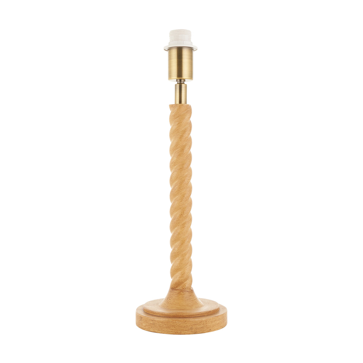 Twist oak effect table lamp base with spiral stem, round stepped foot and brass lampholder