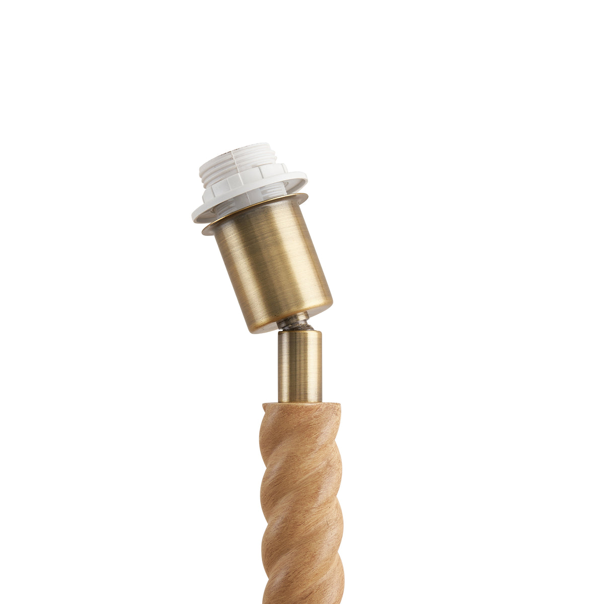 Brass lampholder detail at the top of the Twist oak effect table lamp base