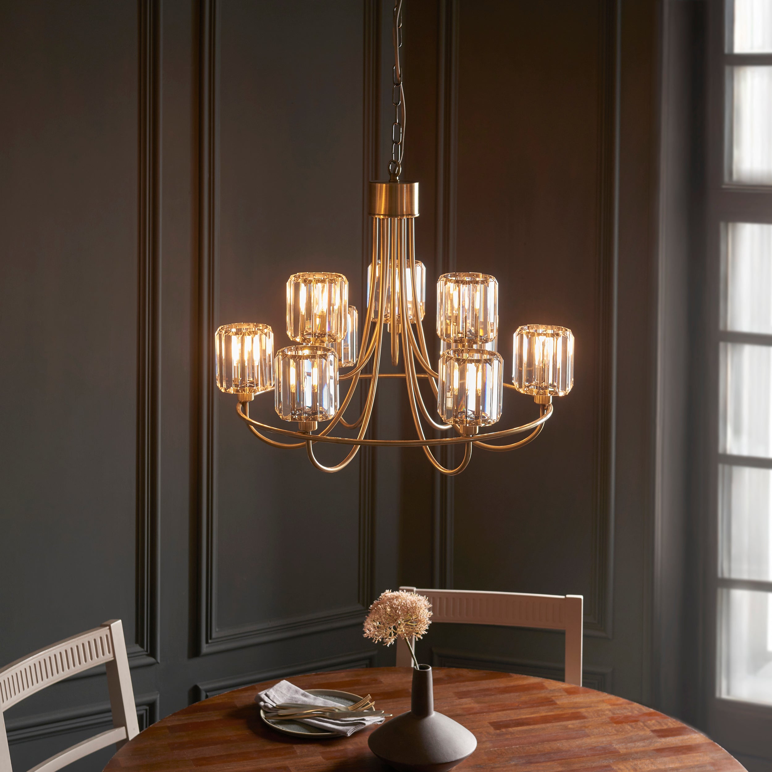 Berenice Brass 9 Light Pendant - Clear Cut Glass Shades