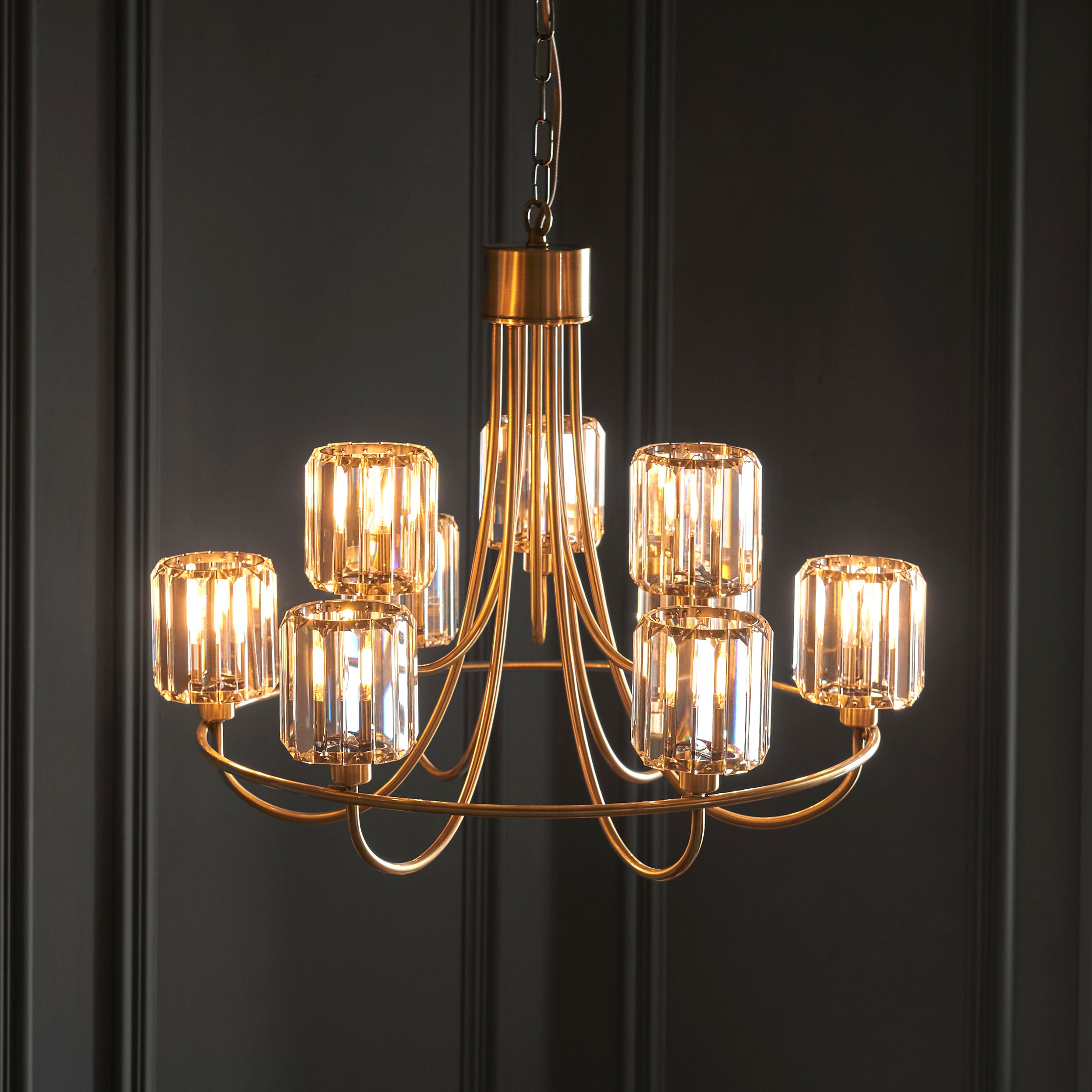 Berenice Brass 9 Light Pendant - Clear Cut Glass Shades