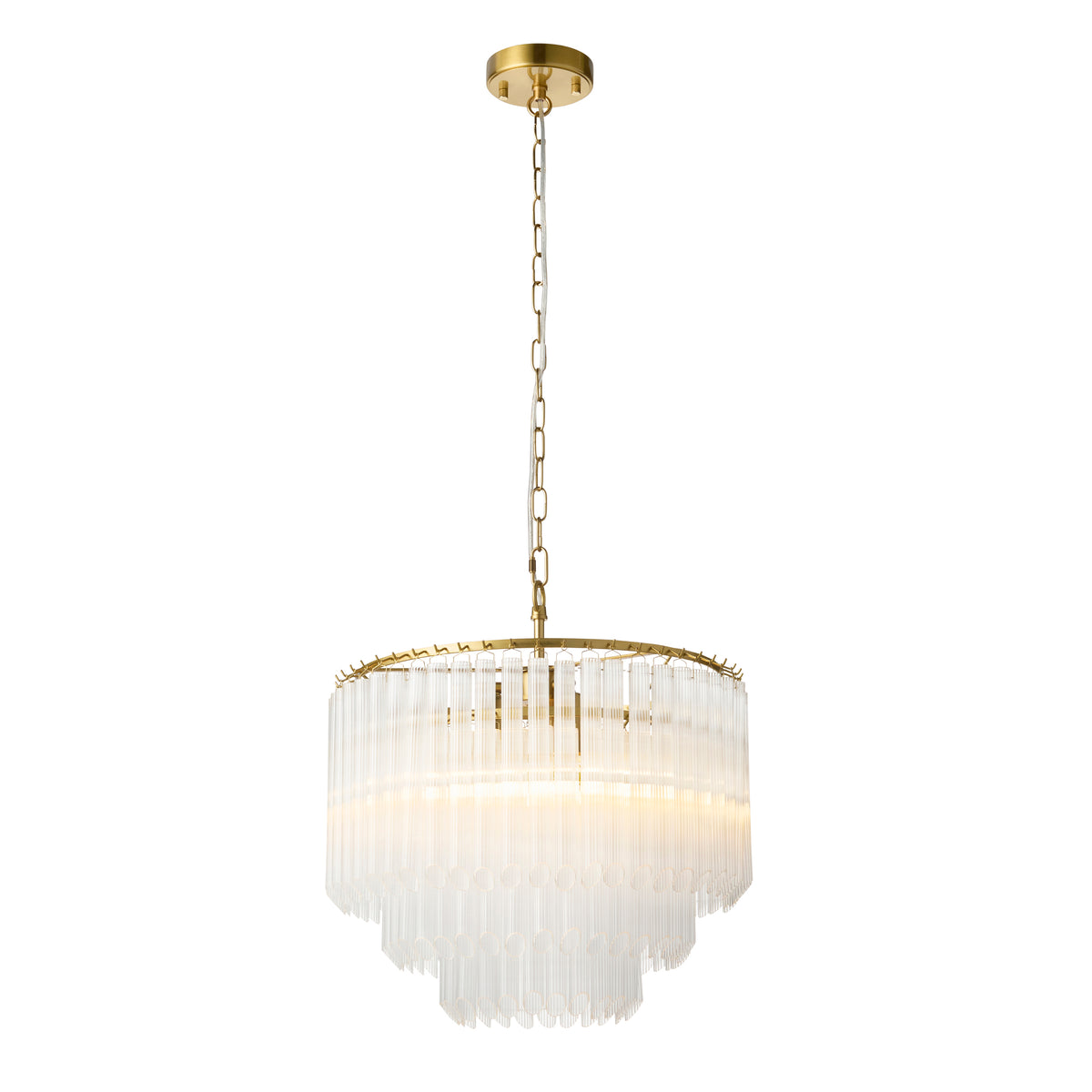 Montpellier brushed aged brass chandelier with cascading tiers of ribbed glass rods