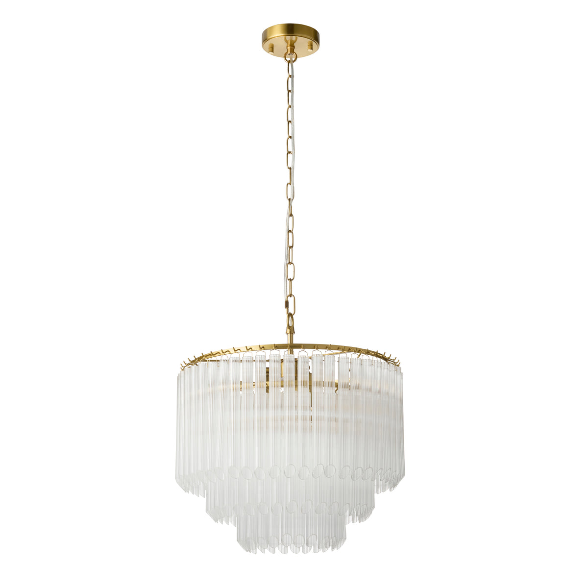 Montpellier chandelier in brushed aged brass with three tiers of frosted ribbed glass
