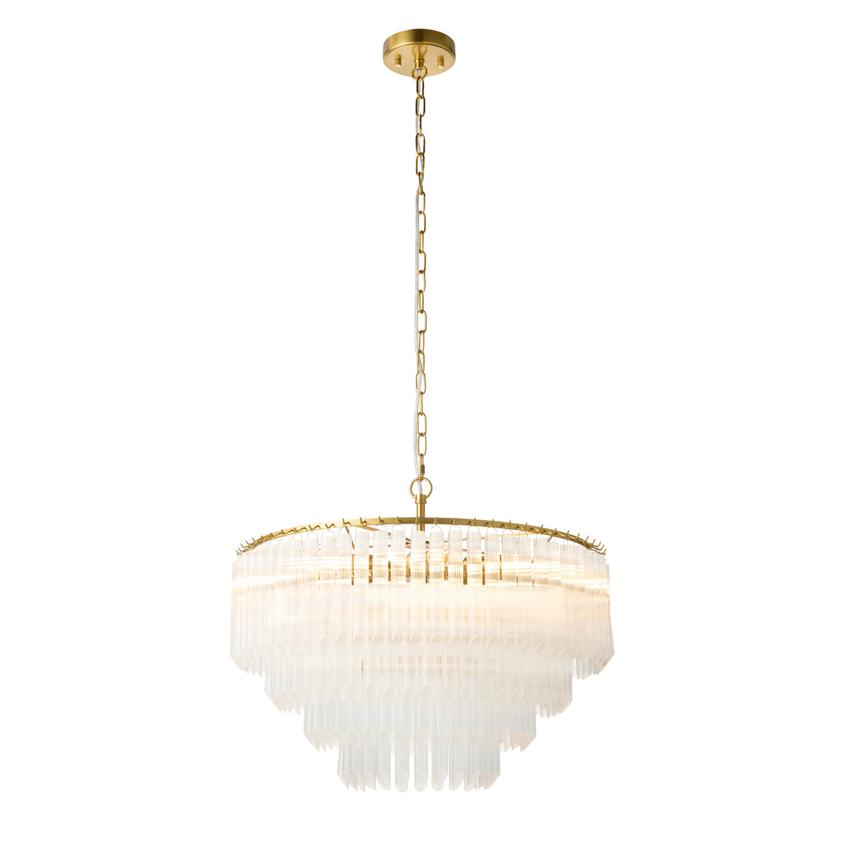 Montpellier aged brass chandelier with five tiers of clear ribbed glass rods