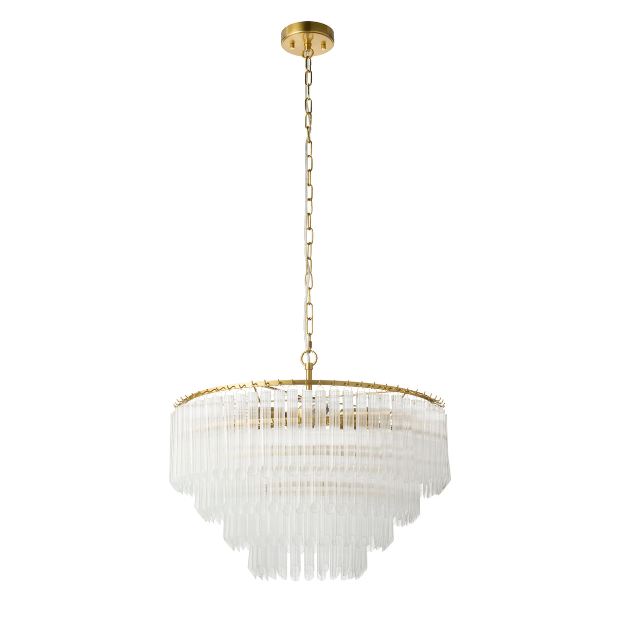 Montpellier chandelier in aged brass with cascading clear ribbed glass rod tiers