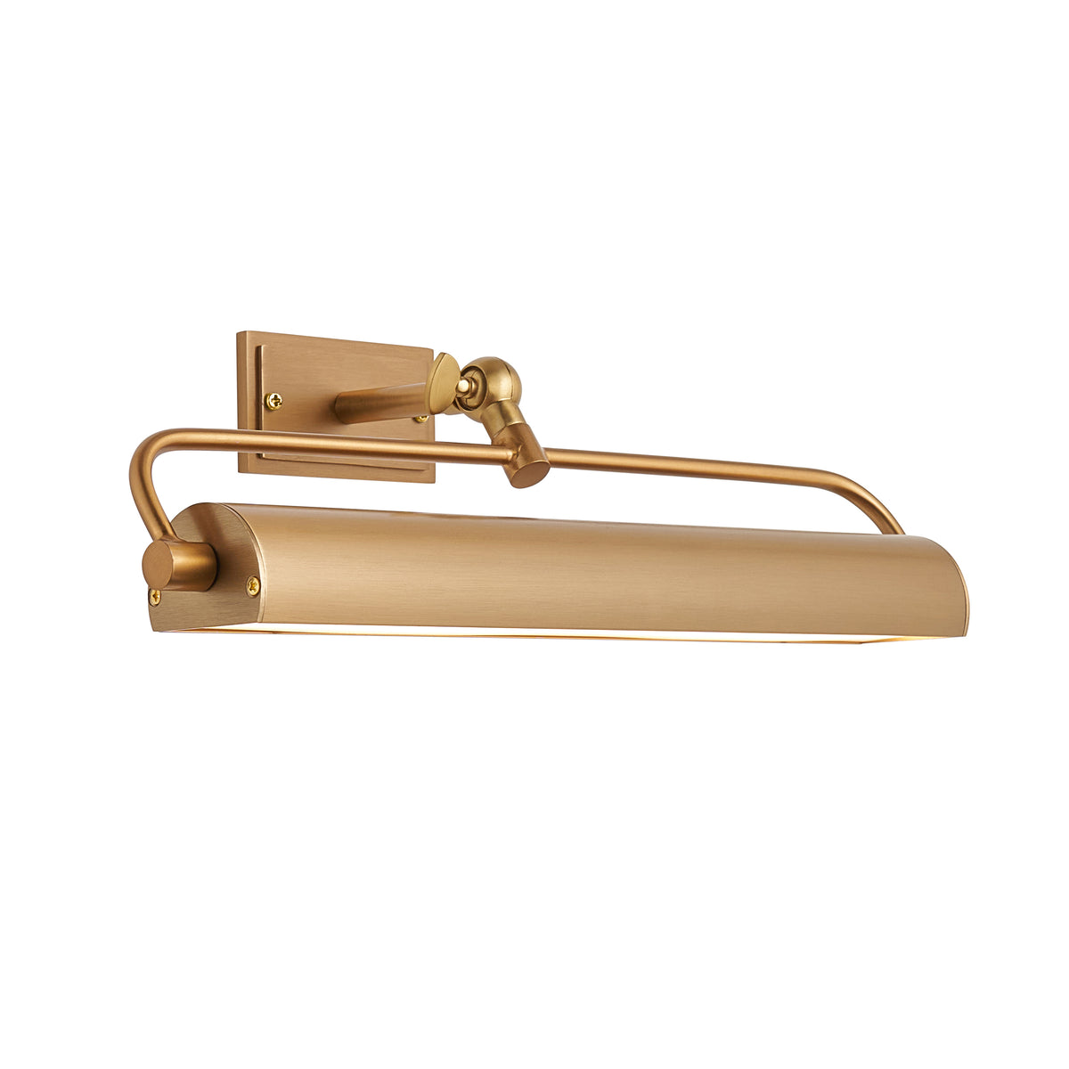 Nantes rechargeable warm brass LED picture light with slender curved arm and cylindrical head