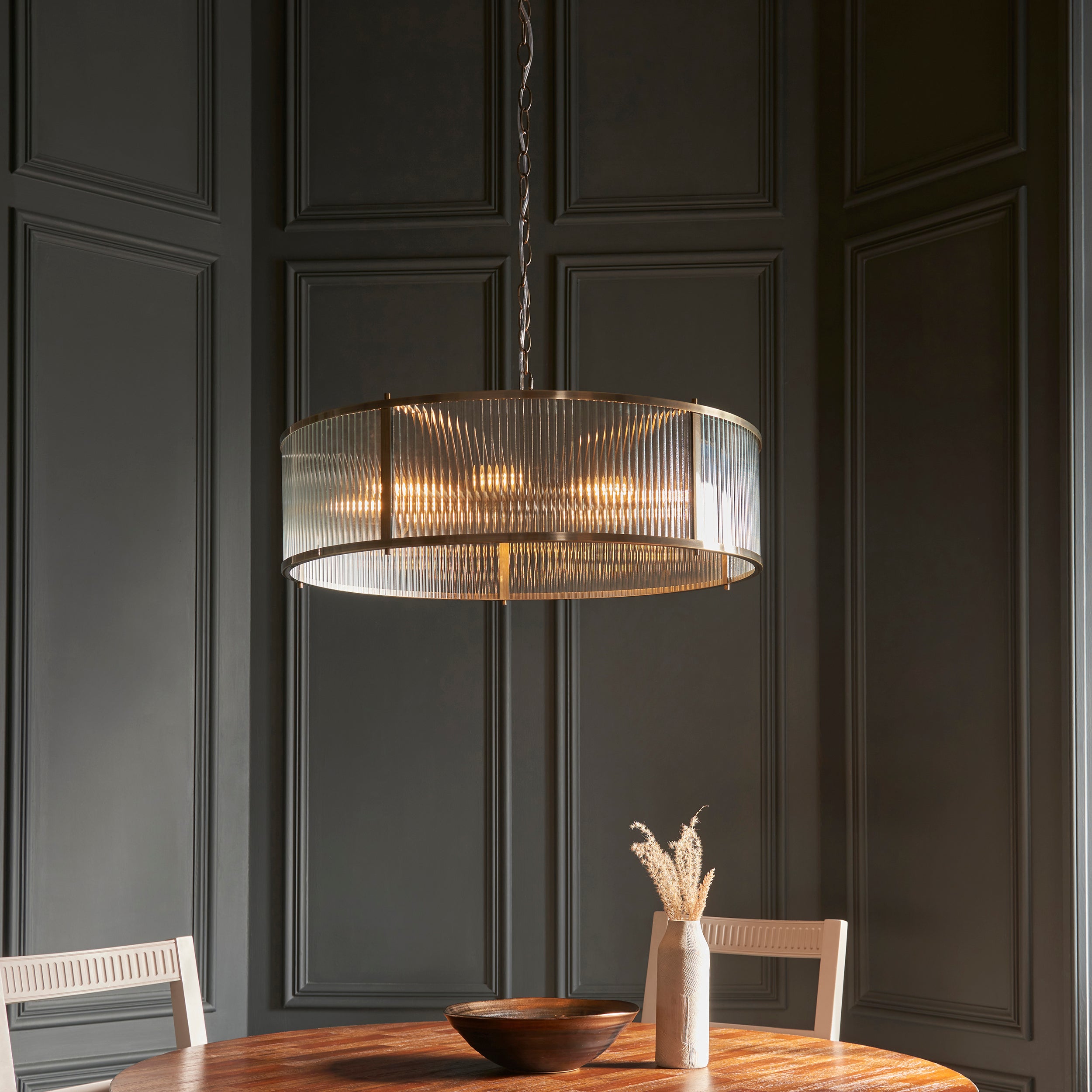 Ridgeton 8 Light Antique Brass & Ribbed Shade Glass Pendant