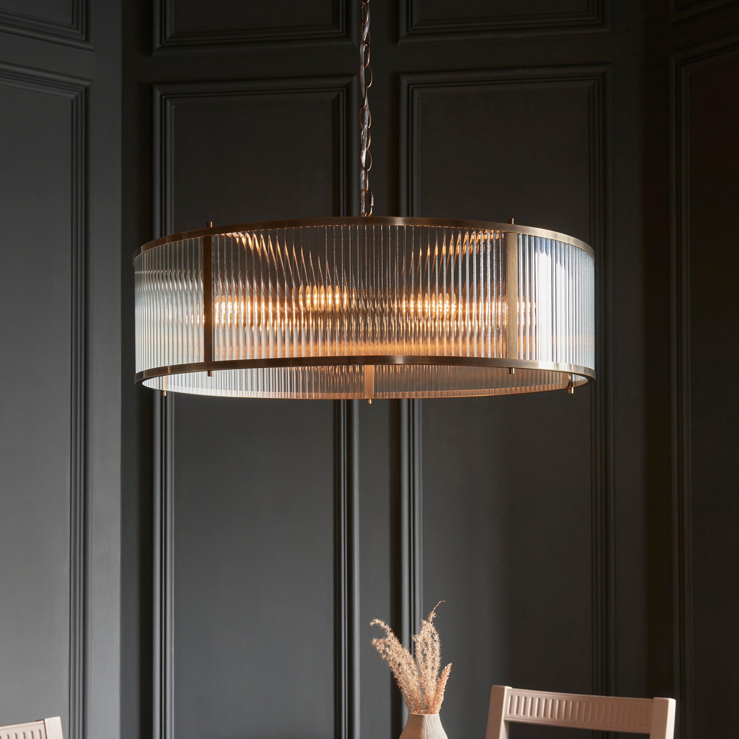 Ridgeton 8 Light Antique Brass & Ribbed Shade Glass Pendant