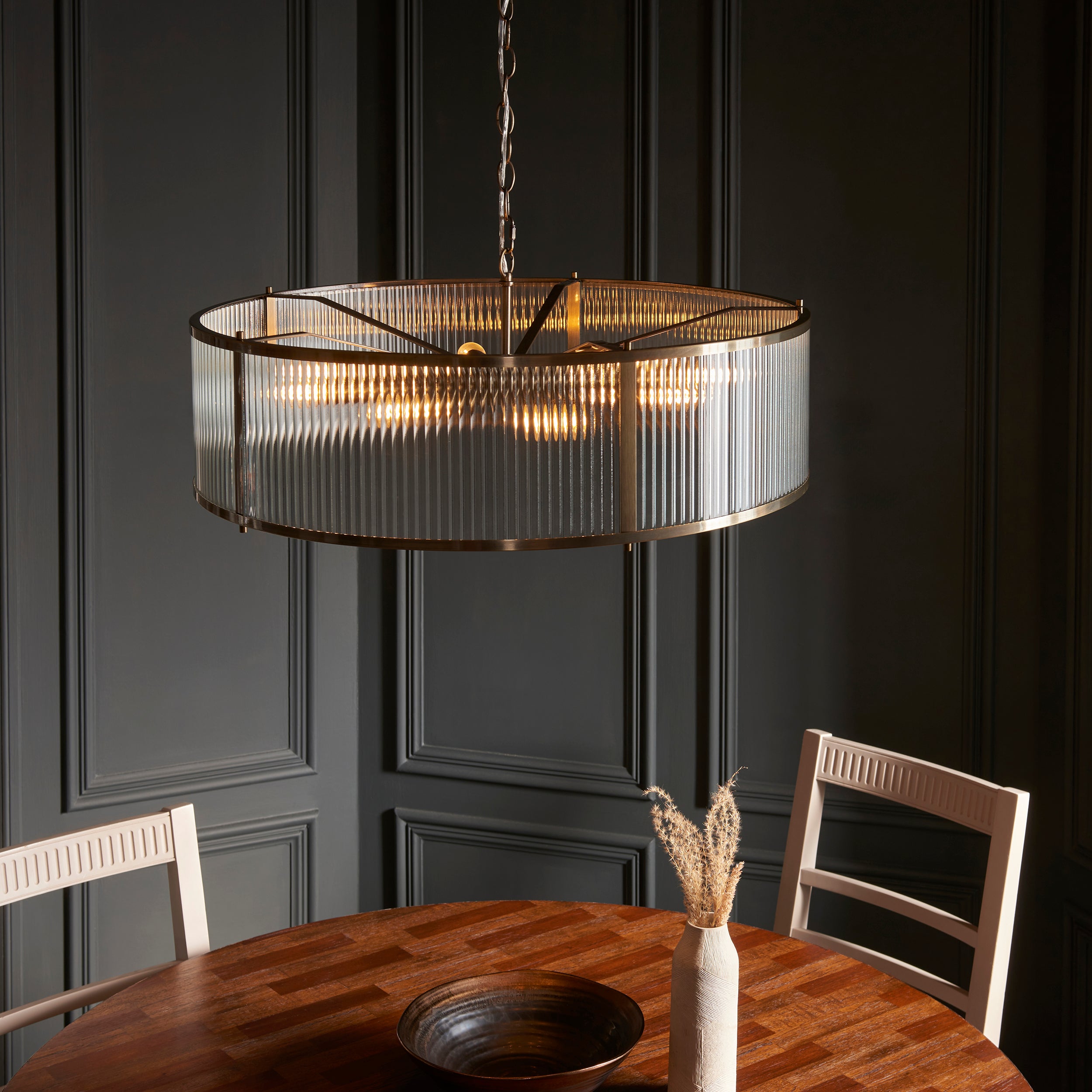 Ridgeton 8 Light Antique Brass & Ribbed Shade Glass Pendant