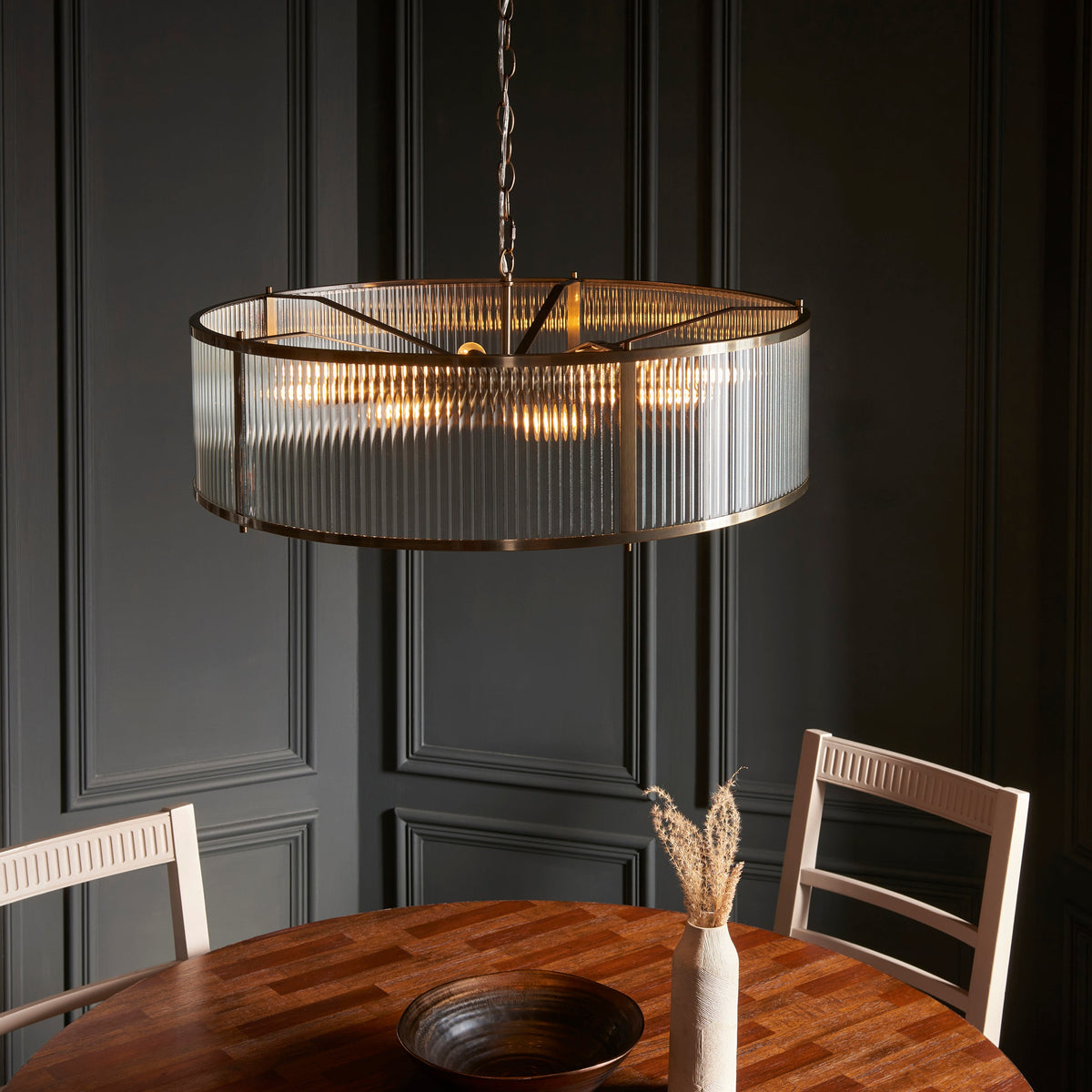 Ridgeton 8 Light Antique Brass & Ribbed Shade Glass Pendant-OPEN-BOX-BSL-270826