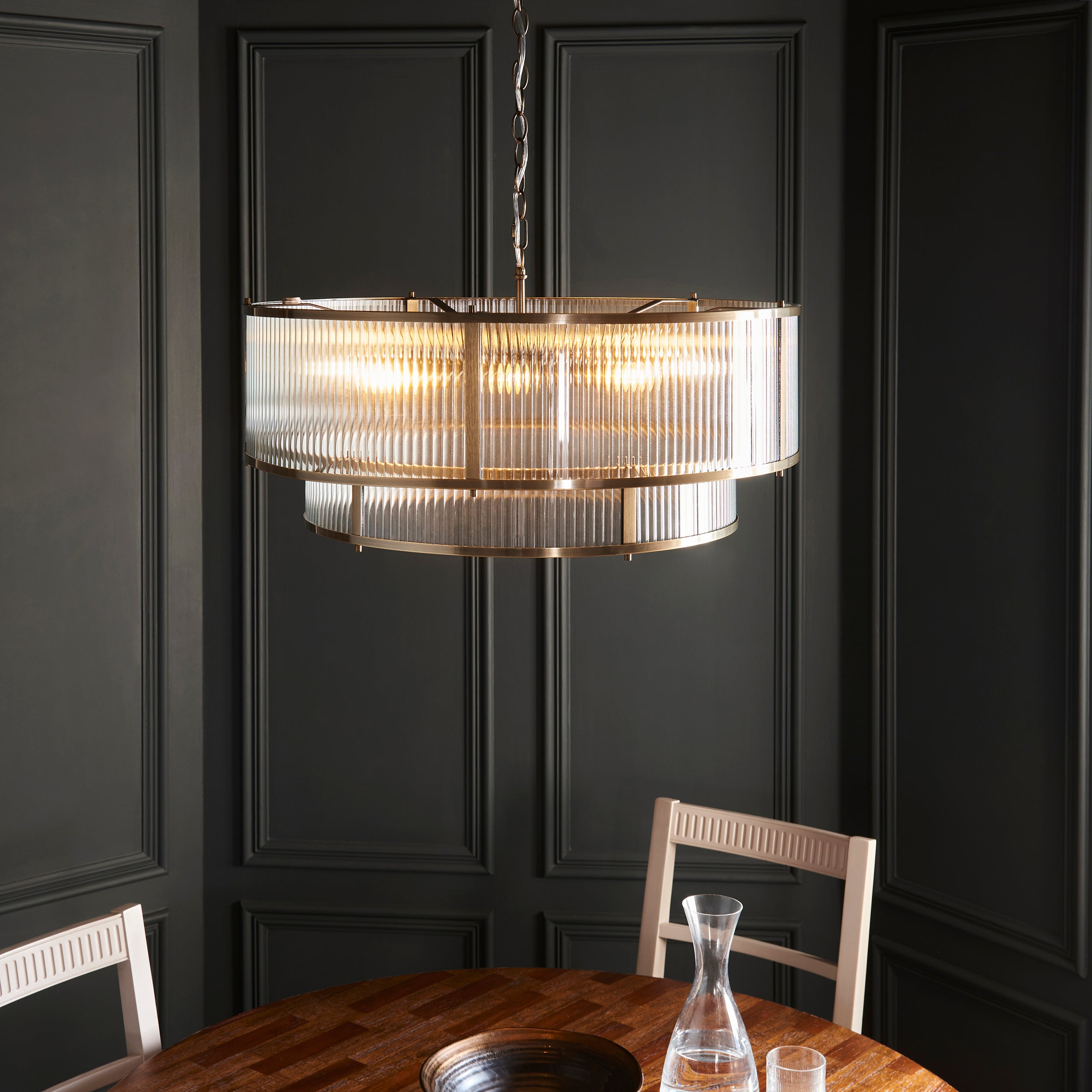 Ridgeton 8 Light Brass & Ribbed Shade Glass Tiered Pendant