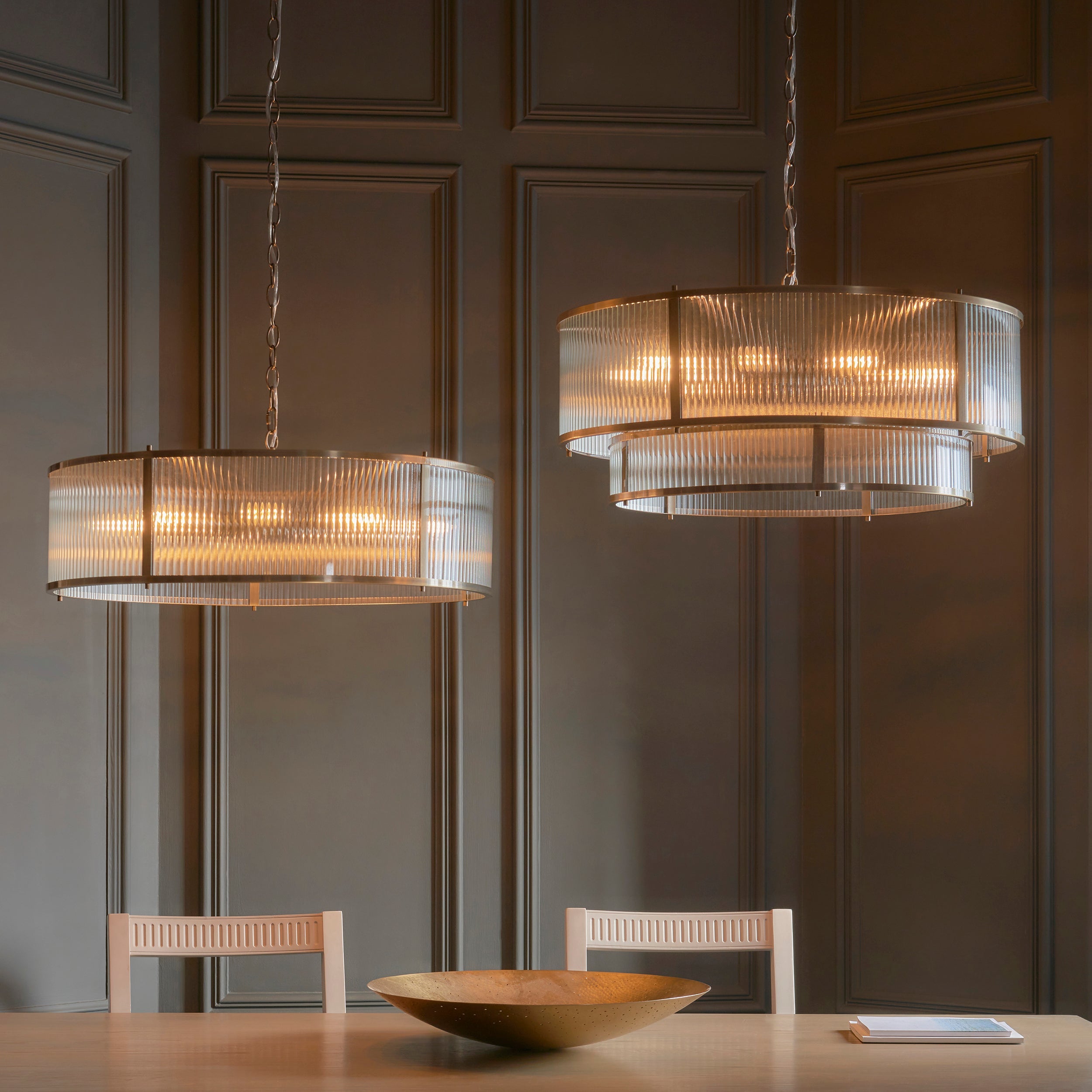 Ridgeton 8 Light Brass & Ribbed Shade Glass Tiered Pendant-OPEN-BOX-BSL-200826