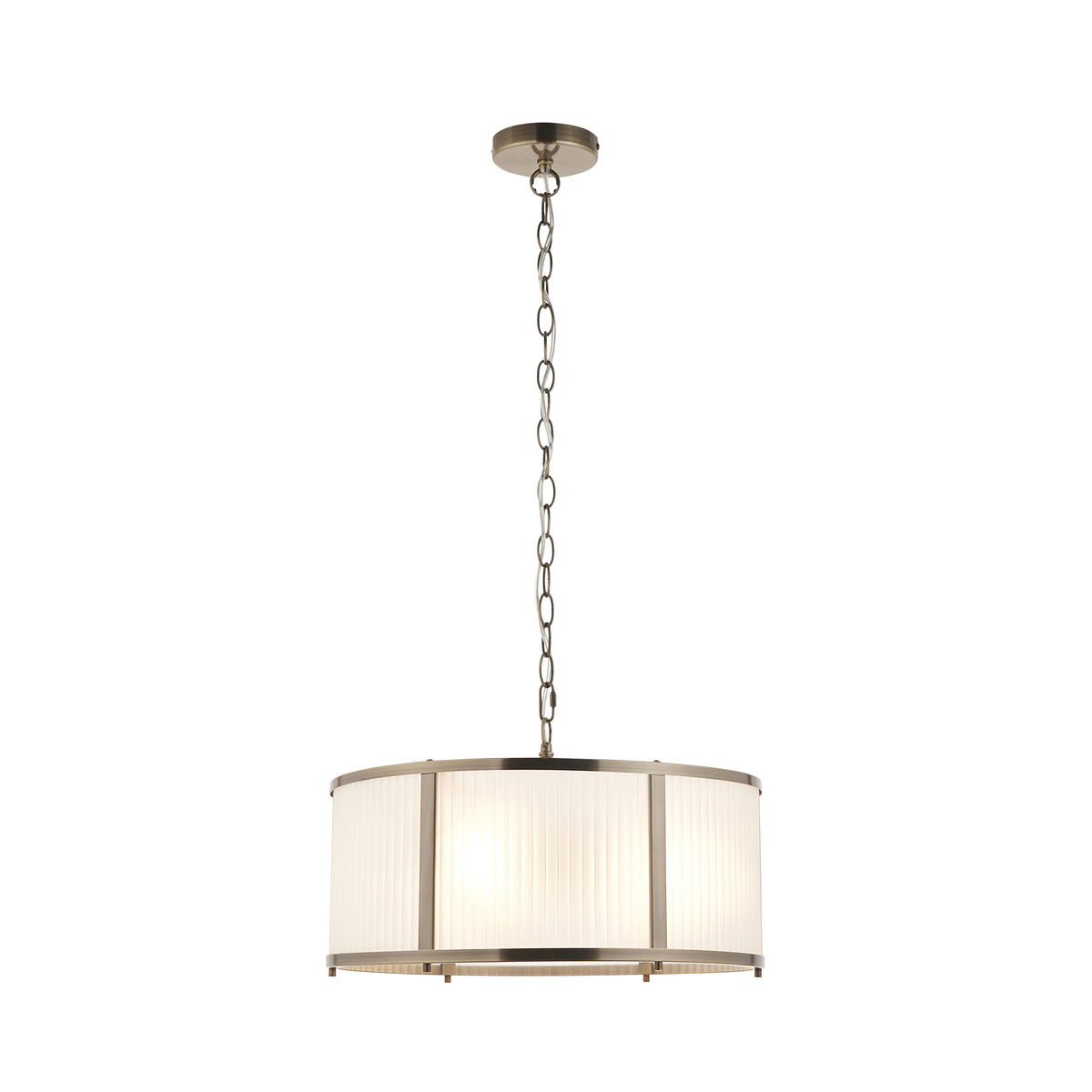 Ridgeton antique brass pendant light with ribbed glass drum shade on a chain suspension