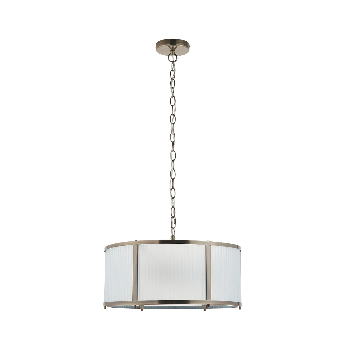 Ridgeton pendant light in antique brass with a ribbed glass drum shade and chain