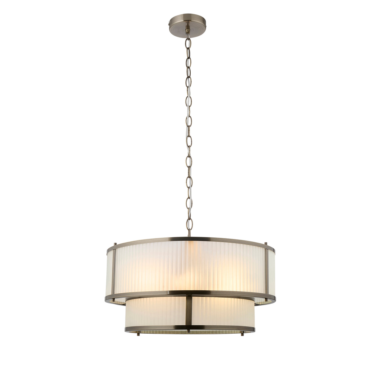 Ridgeton pendant light in antique brass with stacked ribbed shades, shown unlit
