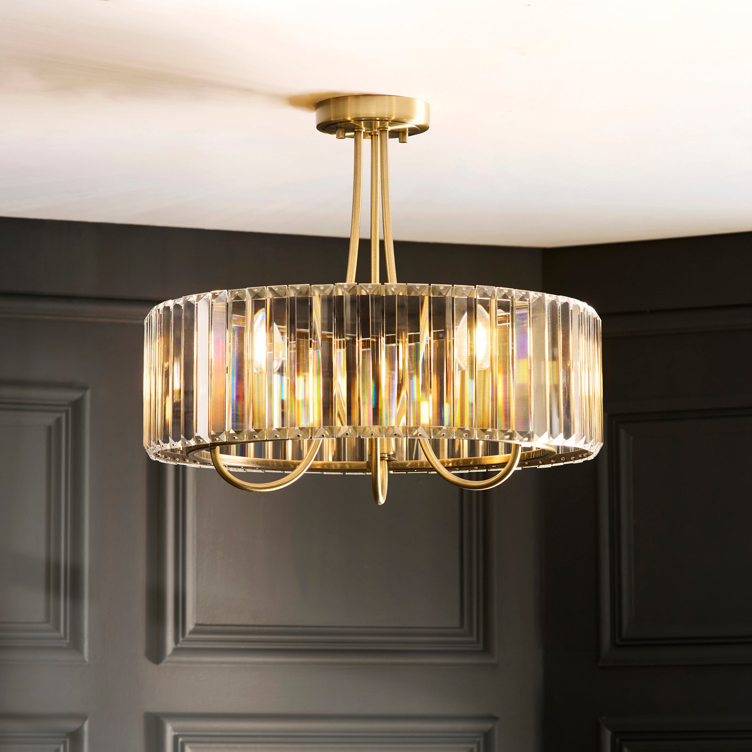 Visconti 3 Light Brass & Clear Cut Glass Semi Flush