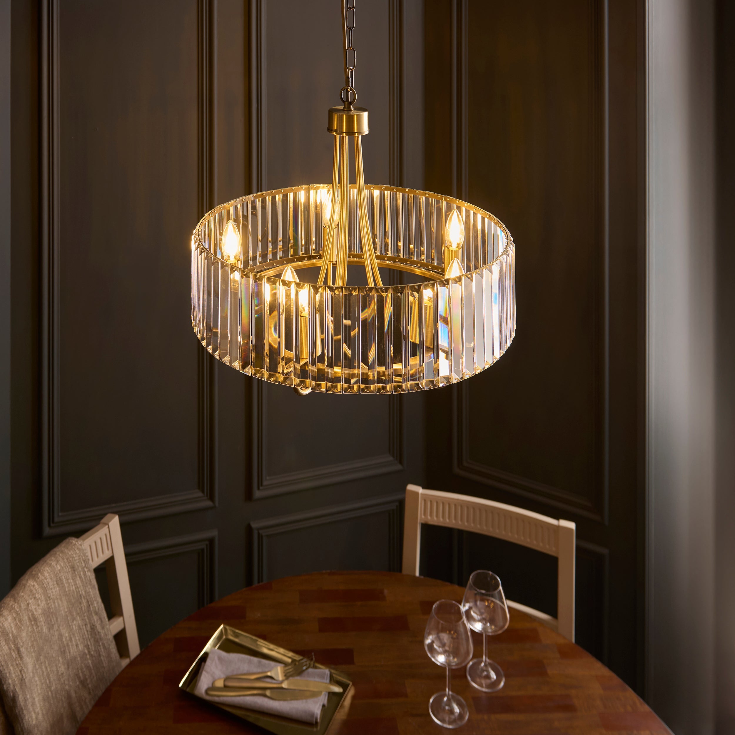 Visconti Round 5 Light Brass & Clear Cut Glass Pendant-OPEN-BOX-50-270826