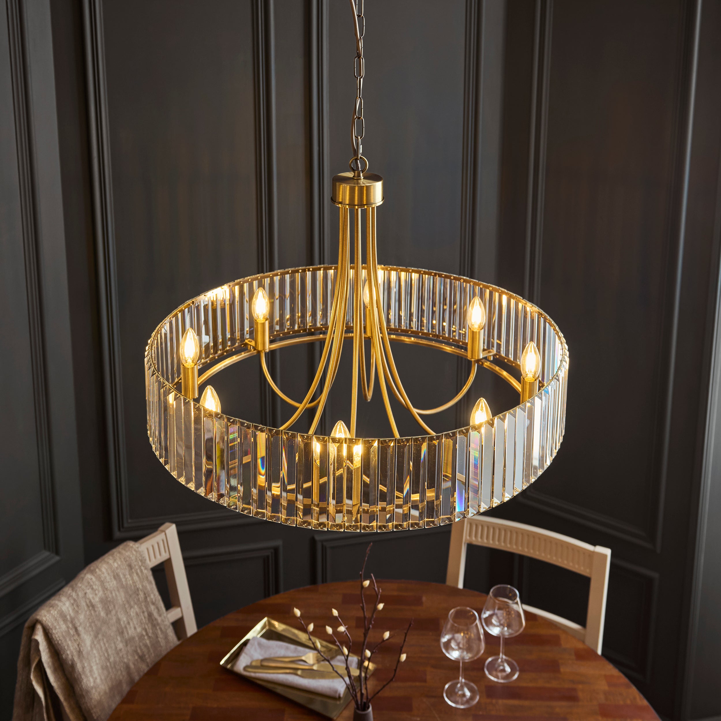 Visconti Round 8 Light Brass & Clear Cut Glass Pendant