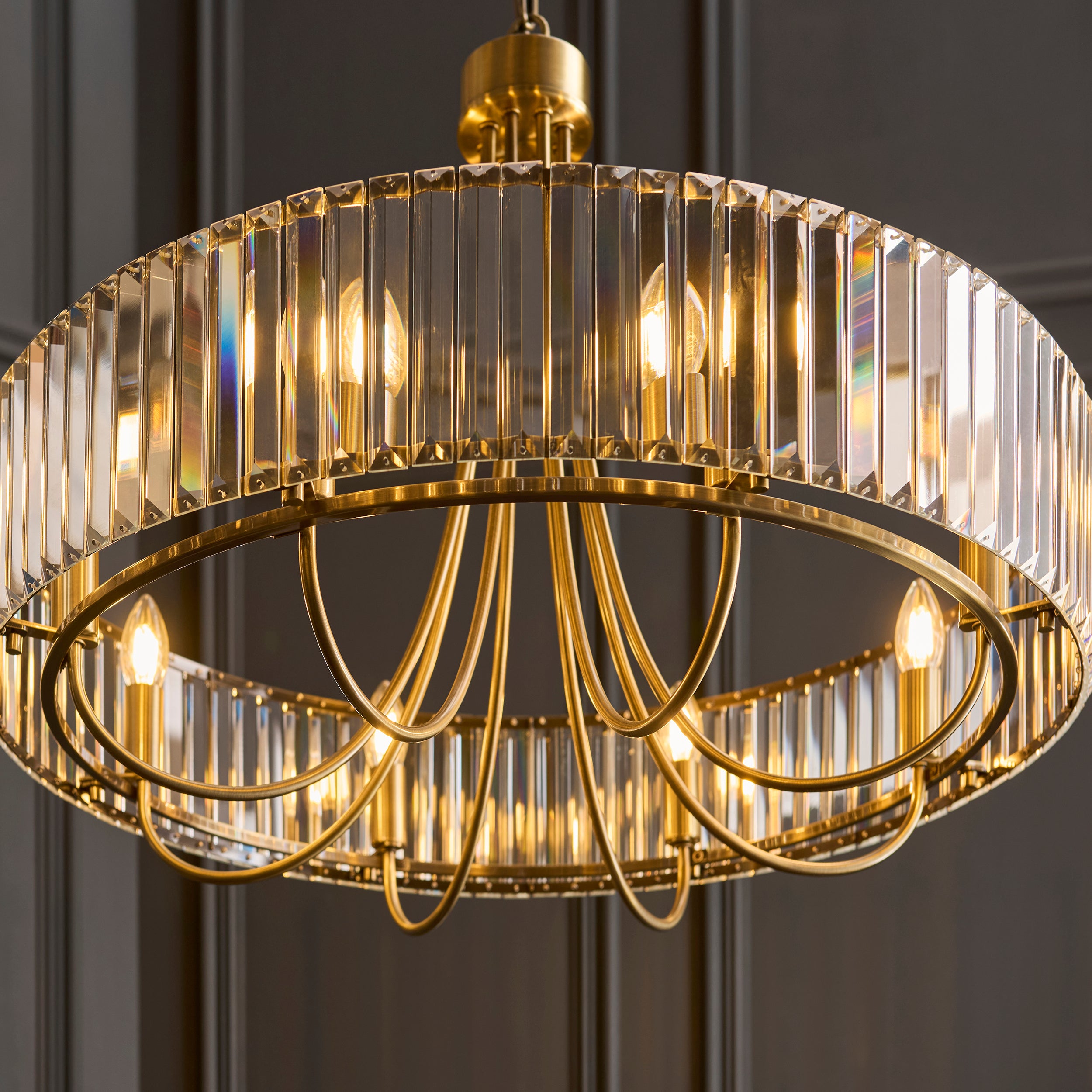 Visconti Round 8 Light Brass & Clear Cut Glass Pendant