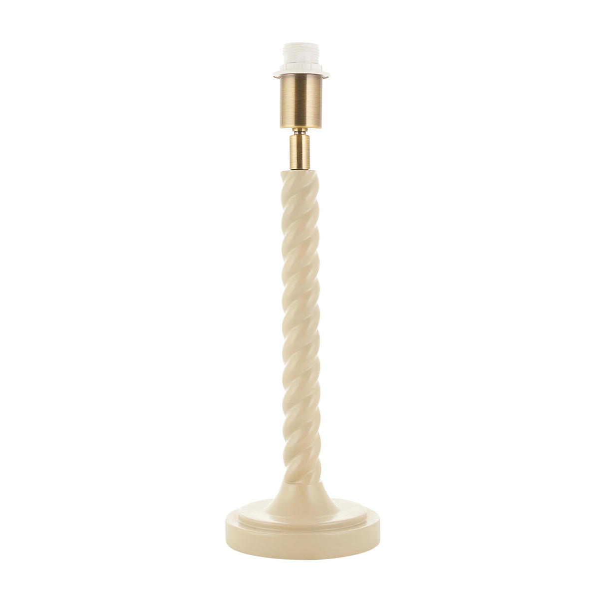 Twist table lamp base in satin almond white with spiral stem and brass lamp holder