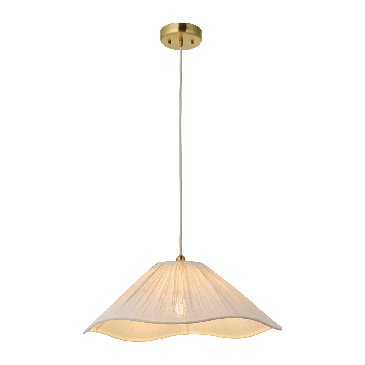 Isabella vintage white pendant light with pleated wavy fabric shade and brass ceiling rose