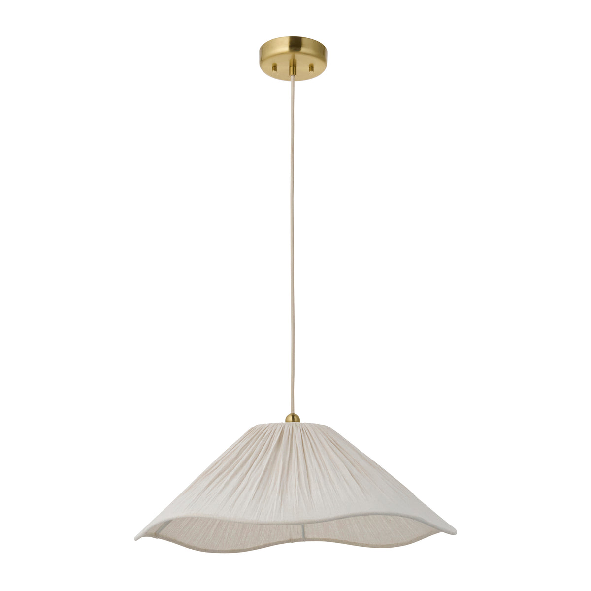 Isabella pendant light shown from the side with its softly pleated vintage white shade