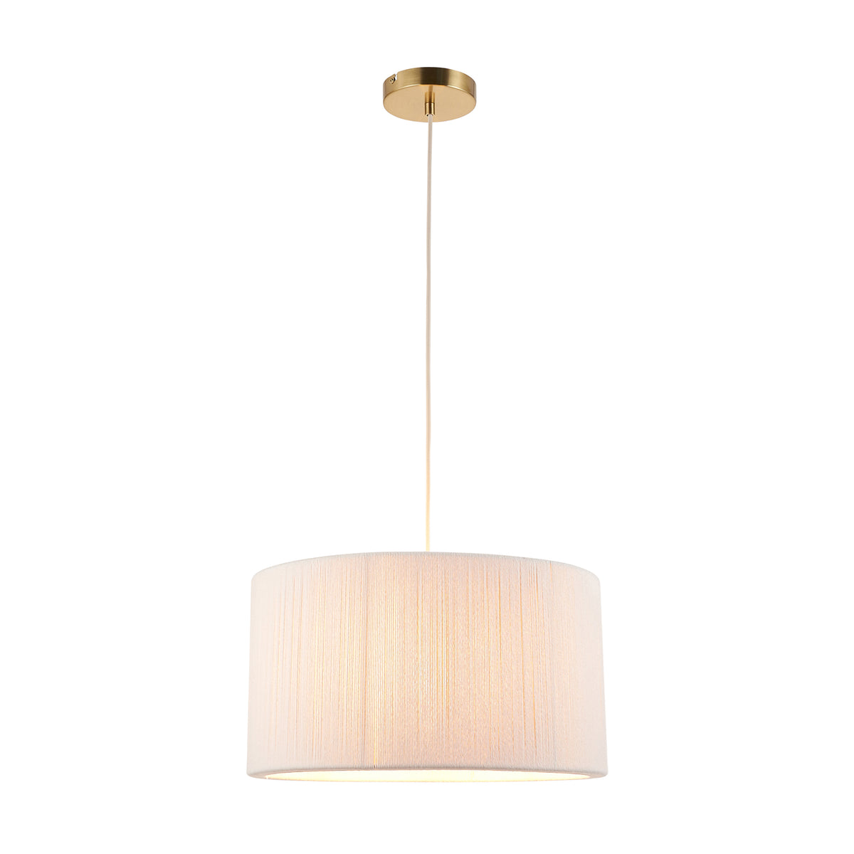 Noah pendant light with cream string-wrapped drum shade and brushed brass ceiling rose