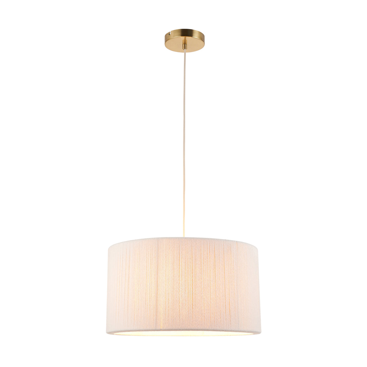 Noah cream string-wrapped drum pendant with brass fittings, shown unlit