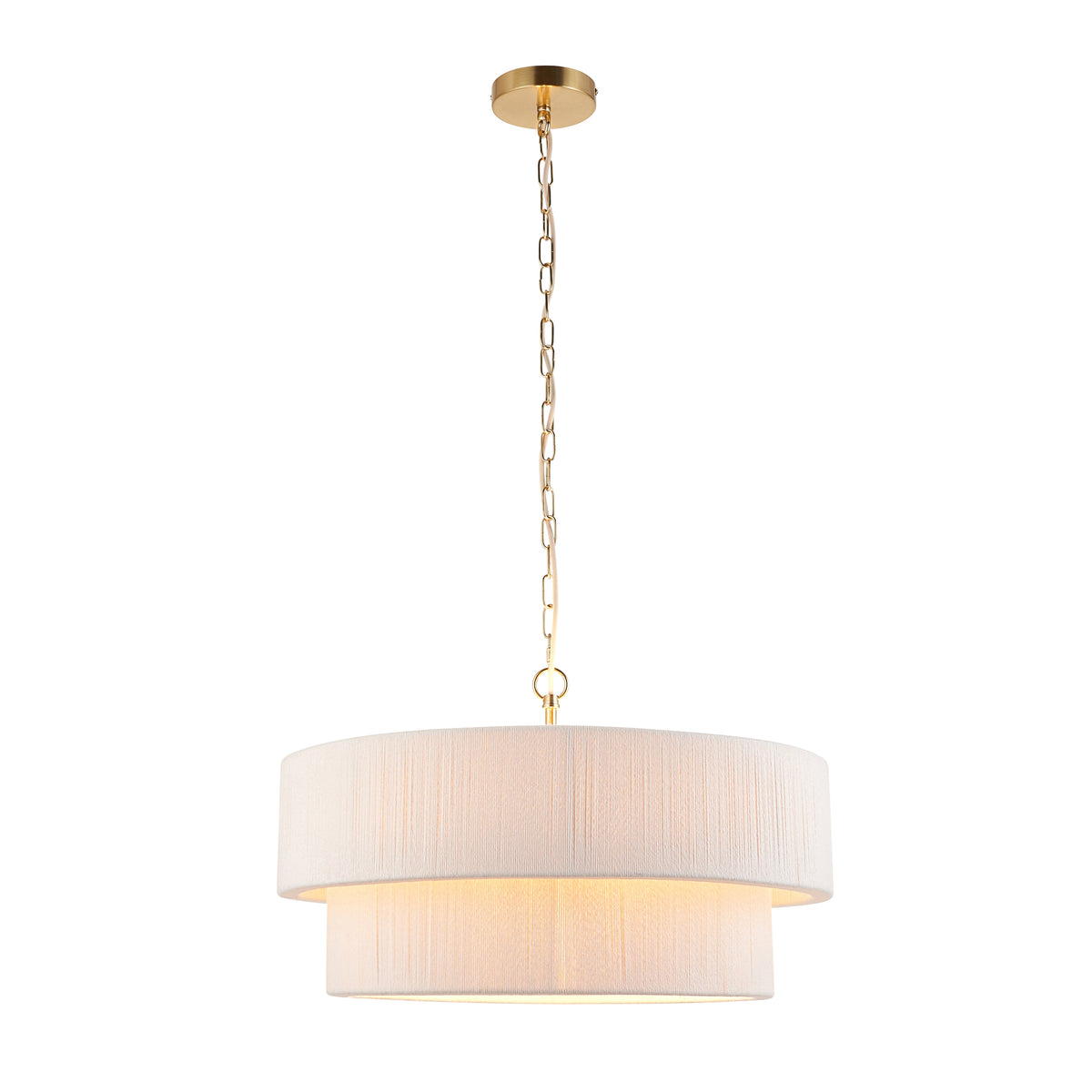 Noah cream and brushed brass pendant with two-tier string-wrapped shade on chain suspension