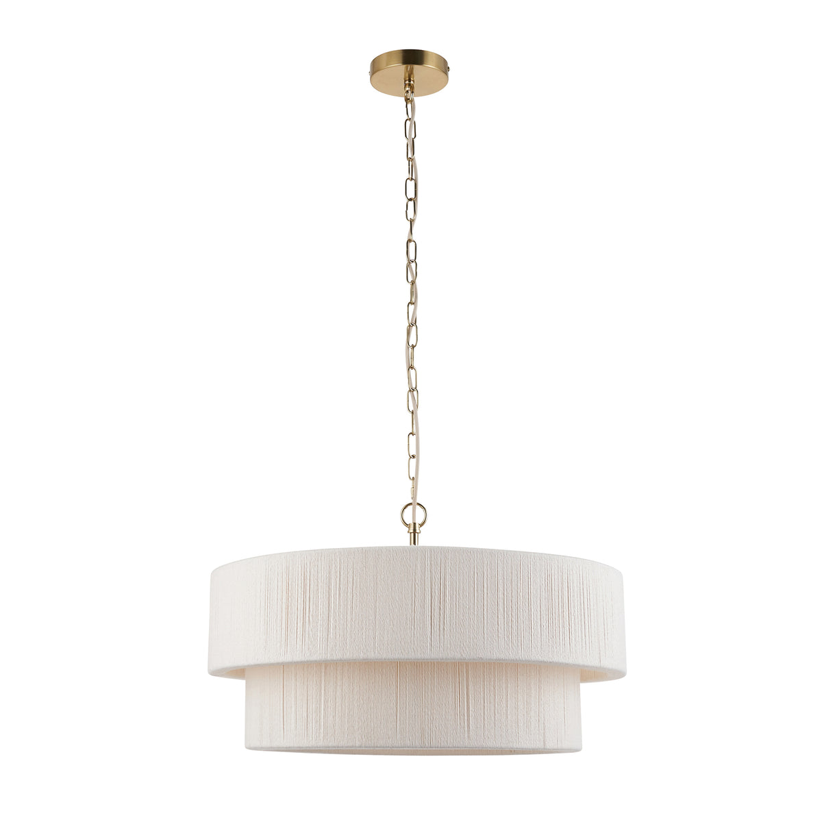 Noah pendant light with two wrapped cream drum shades on a long brass chain