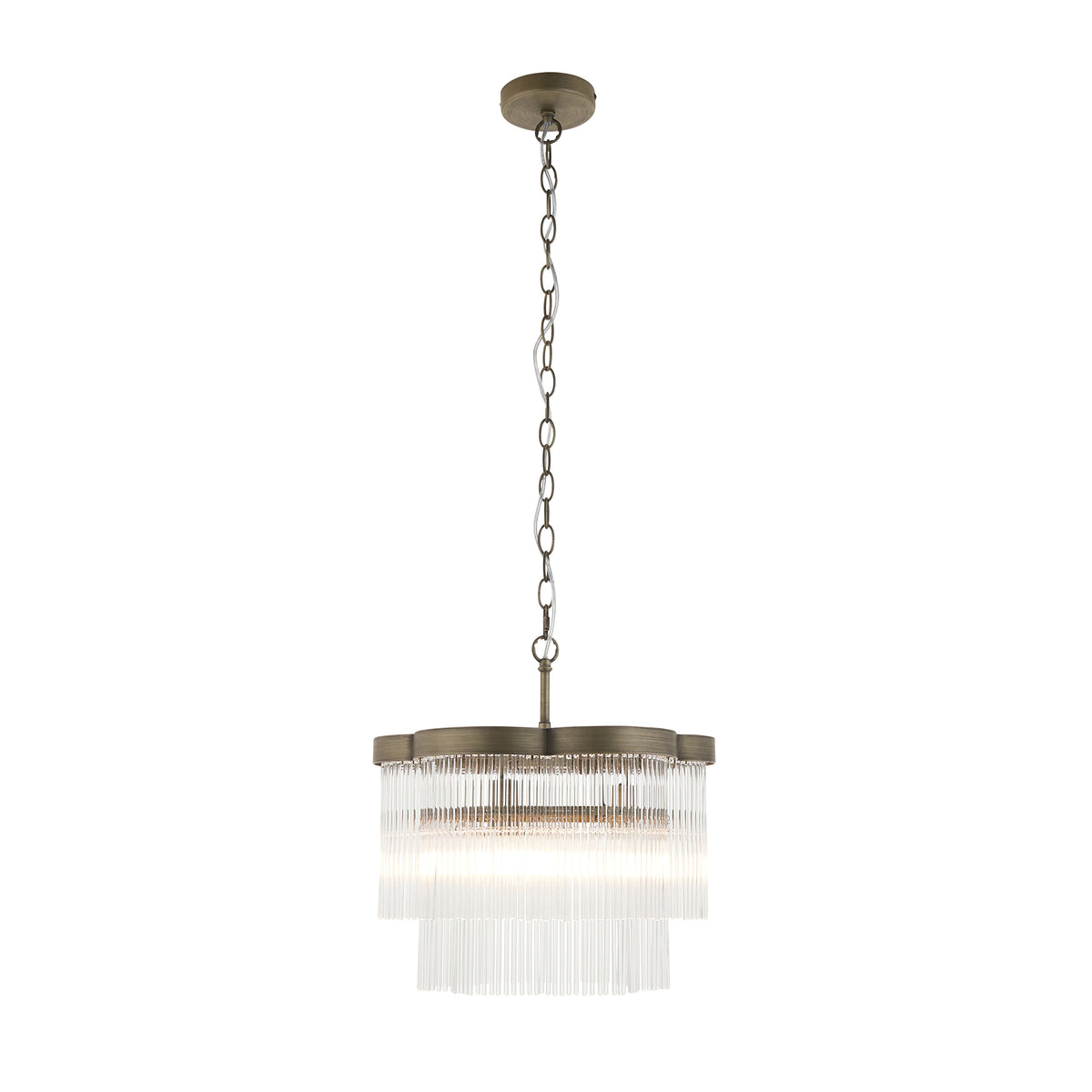 Lucille 3 light chandelier in antique brass with clear glass rod fringe, shown unlit