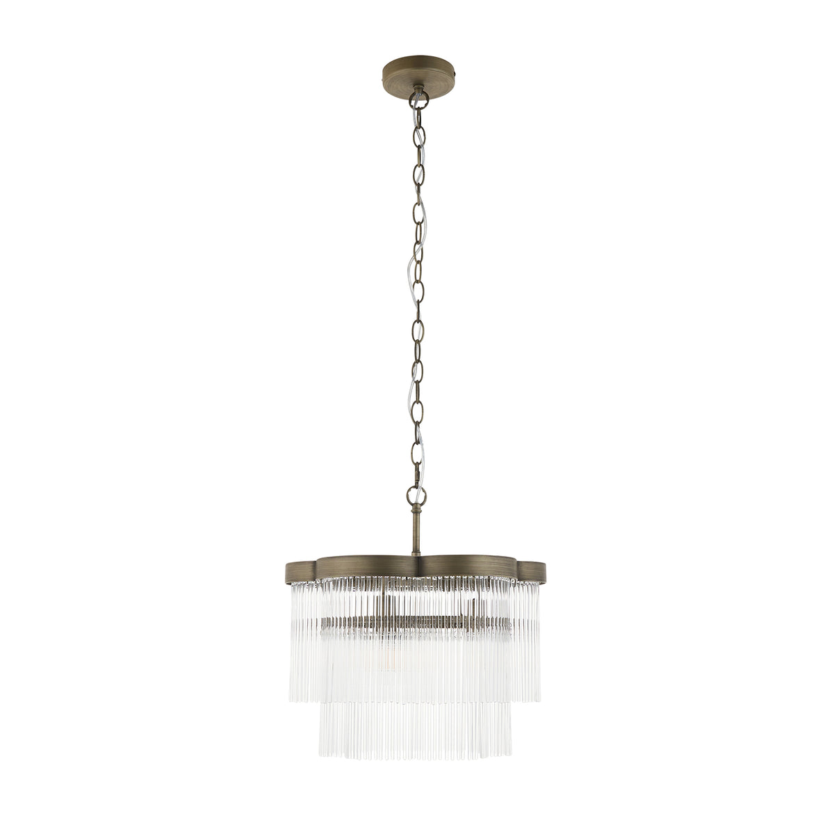 Lucille tiered glass rod chandelier on chain suspension against a plain backdrop