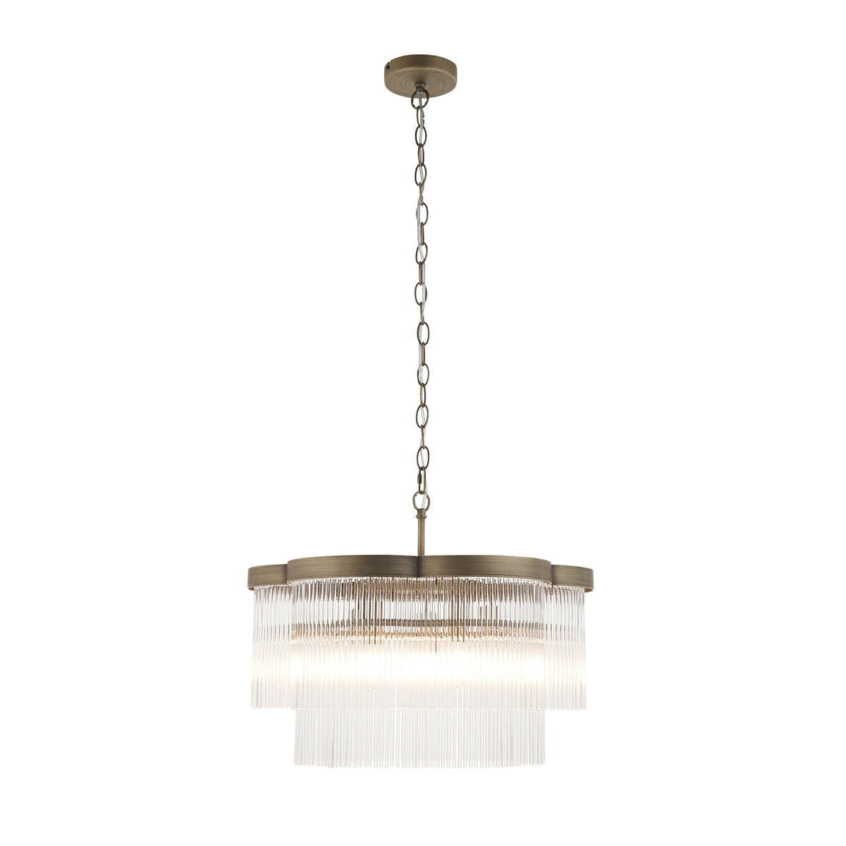 Lucille 5 light chandelier in antique brass with clear glass rod fringe, unlit