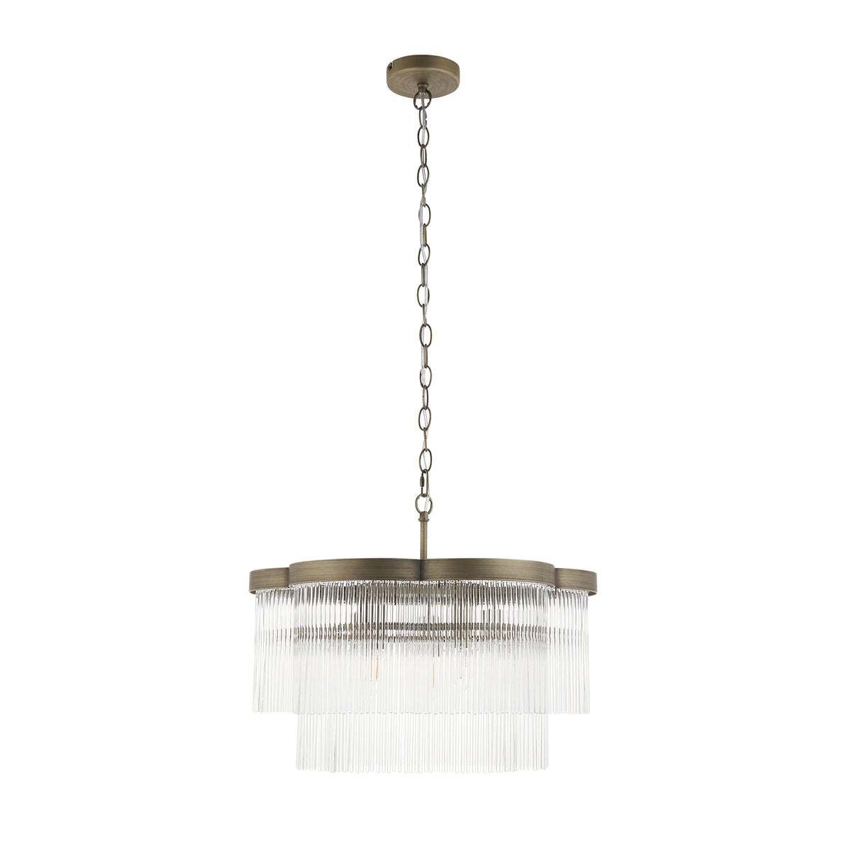 Lucille tiered glass rod chandelier shown side-on with chain suspension
