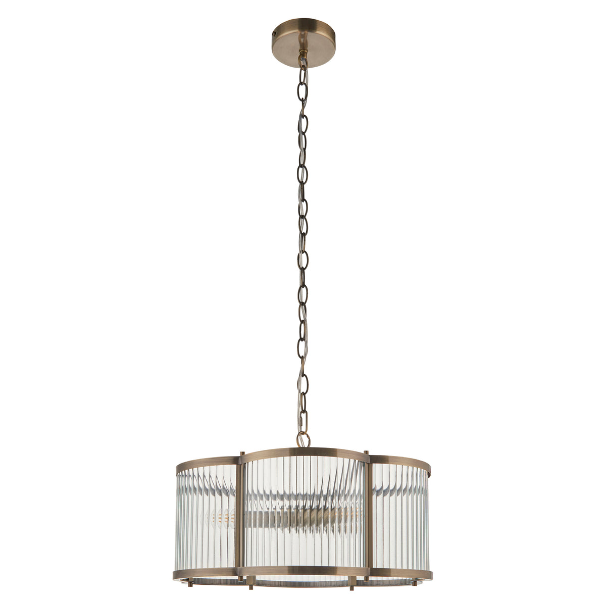 Ridgeton Scallop pendant in antique brass with ribbed glass panels, shown unlit on a white background
