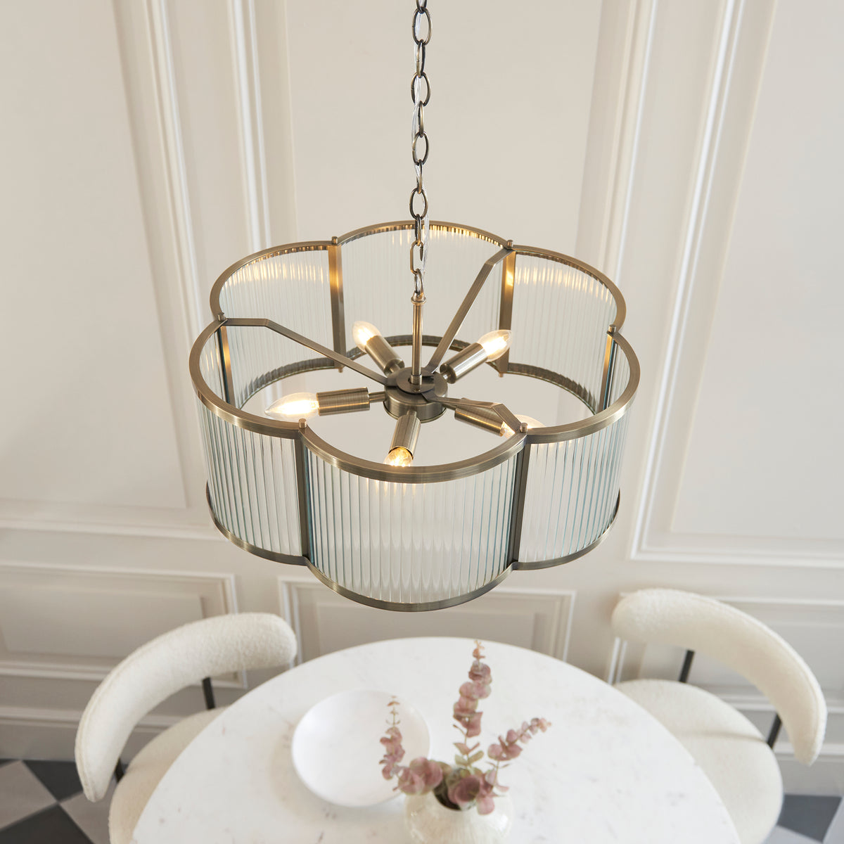 Ridgeton Scallop chandelier from above, showing five candle lamps on a brass centre stem