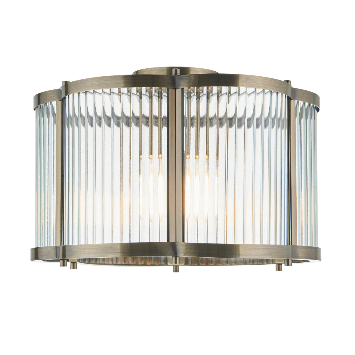 Ridgeton Scallop antique brass flush ceiling light with ribbed glass panels in a drum frame