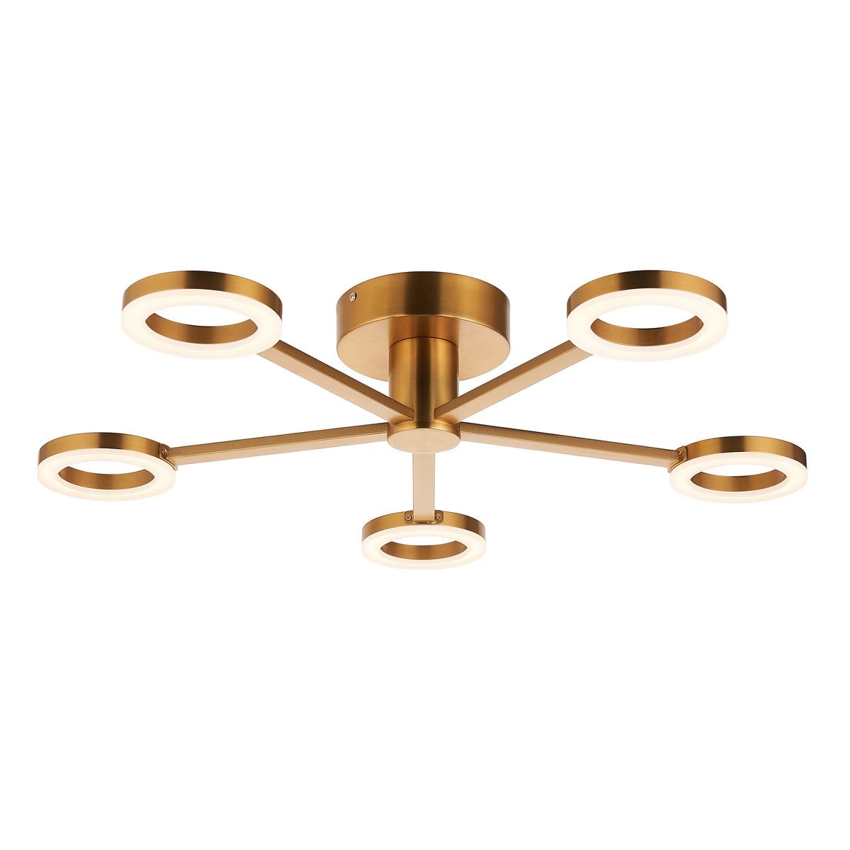 Scout warm brass semi-flush ceiling light with five illuminated LED rings on splayed brass arms