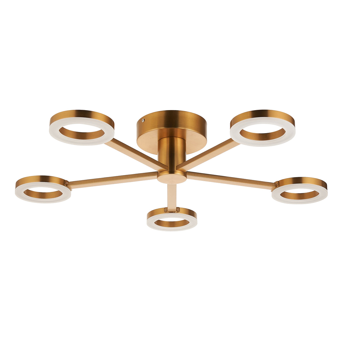 Scout warm brass semi-flush ceiling light with integrated LED rings on a white background