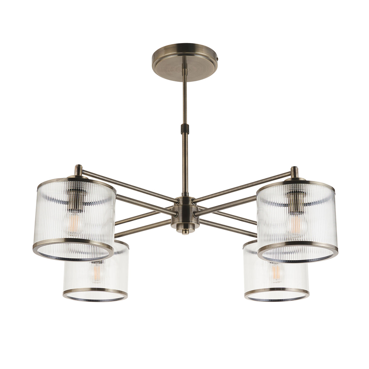 Ridgeton four-light antique brass chandelier with clear ribbed glass shades, studio view