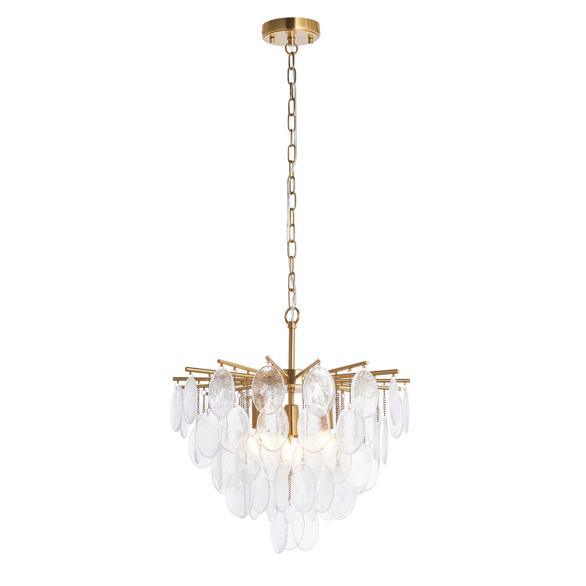 Loretta brushed aged brass pendant with bubble glass plates, lit on a white background