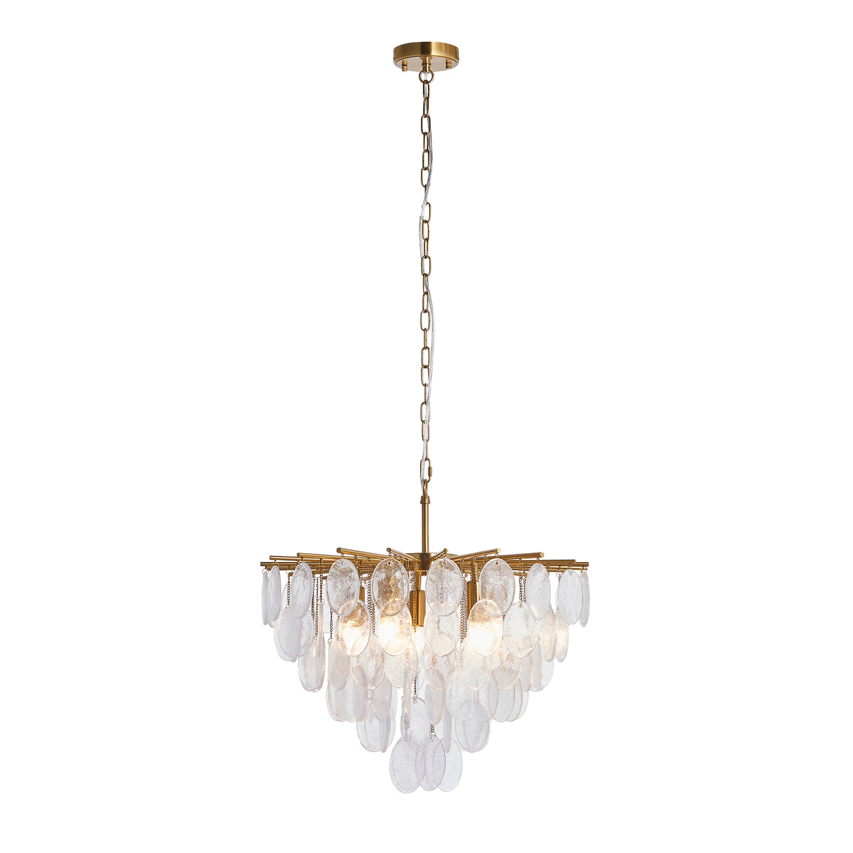Loretta chandelier with aged brass frame and tiered clear bubble glass discs on a chain suspension