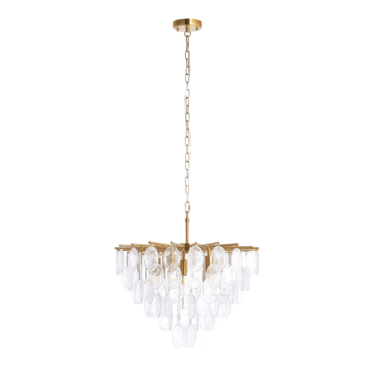Angled studio view of the Loretta chandelier with aged brass frame and tiered glass disc drops