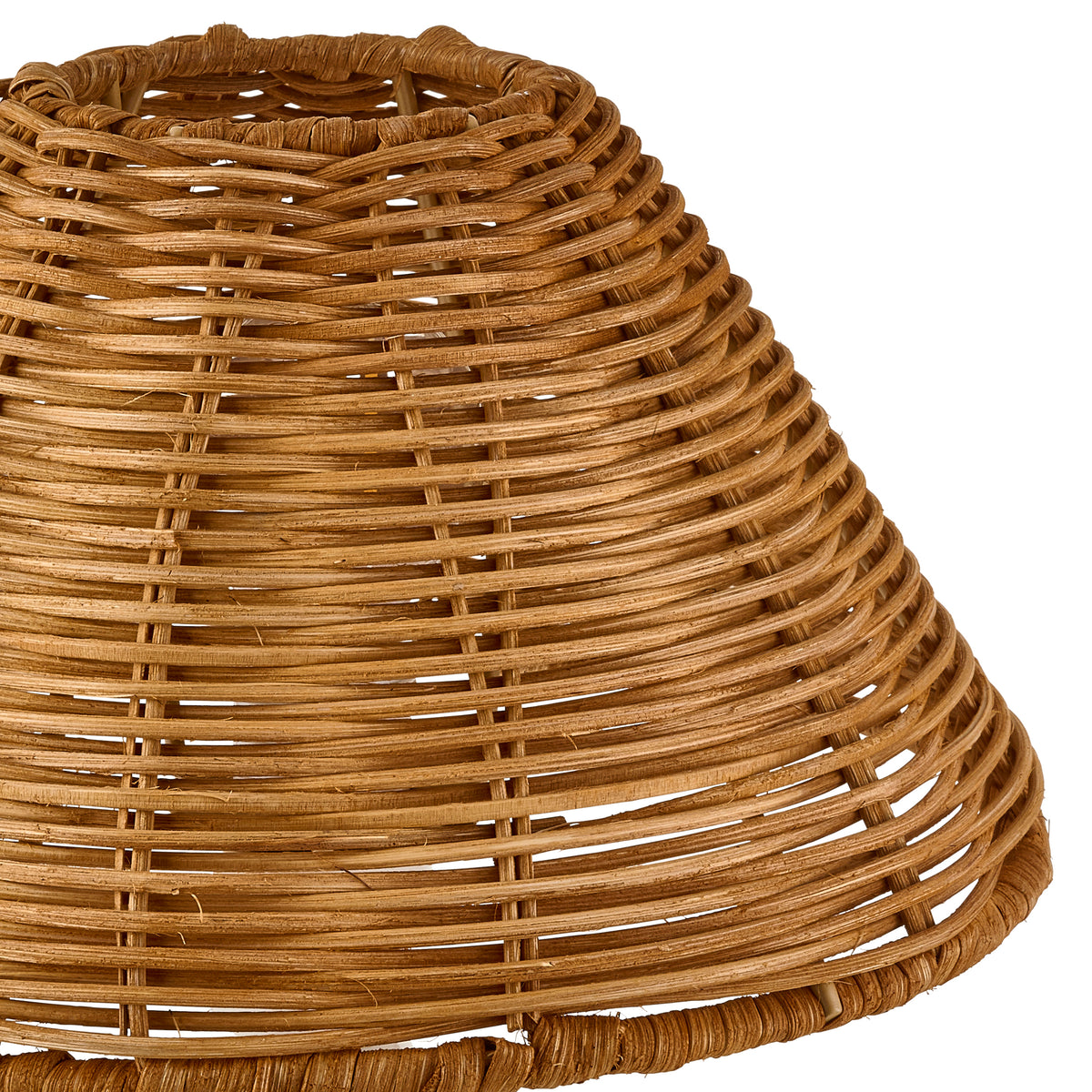 Close detail of the dark rattan shade's handwoven cane structure and bound lower edge