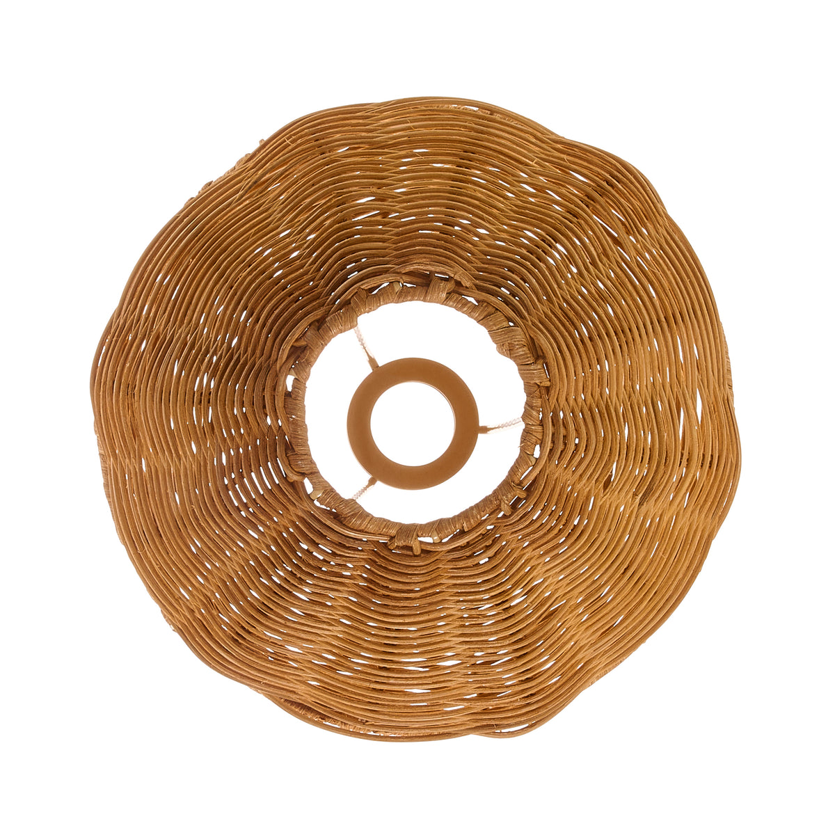 Top-down view of the dark rattan shade showing its fixed gimbal fitting and woven interior