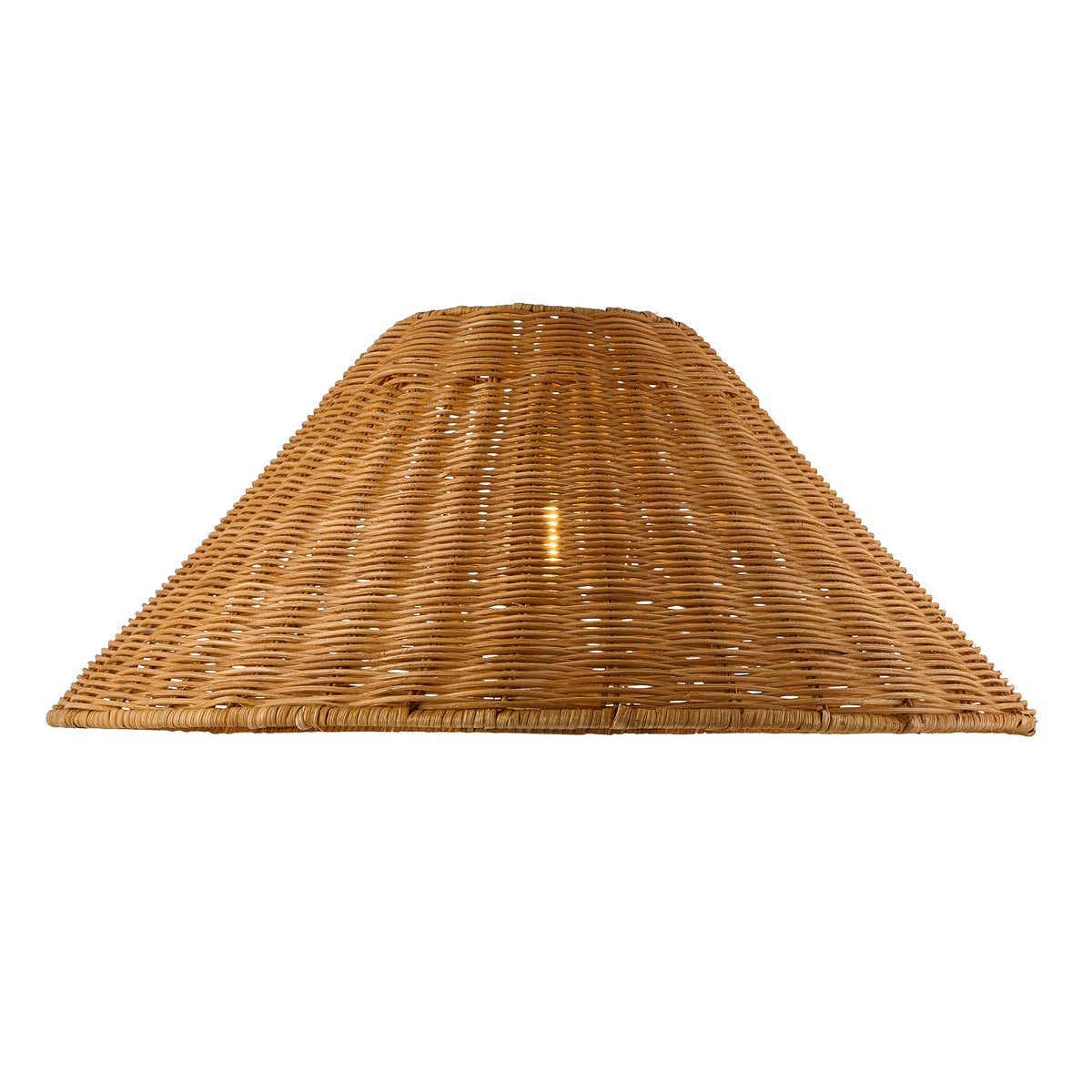 Wide view of the brown tapered rattan shade with light shining through the woven cane