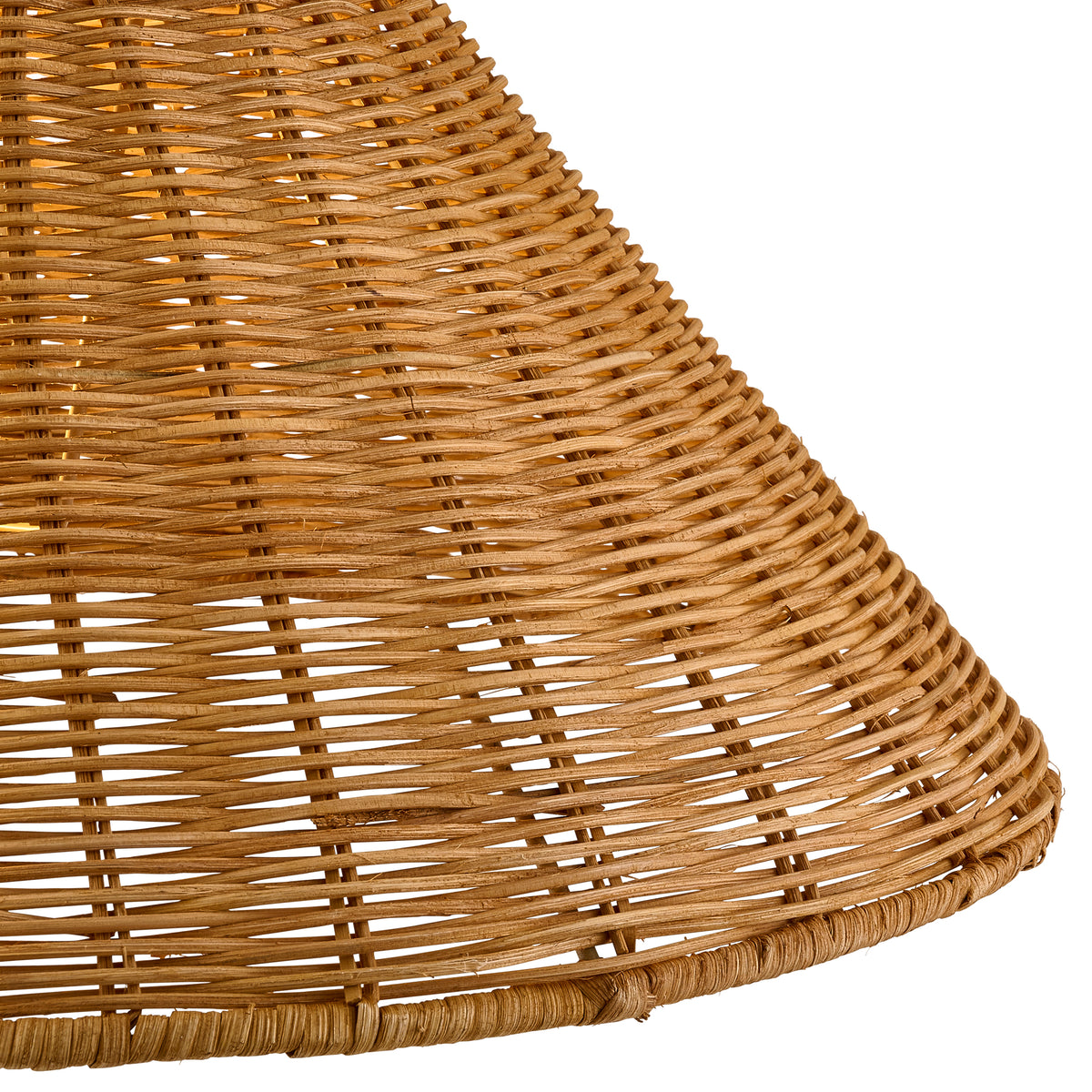 Brown rattan tapered shade shown from a low angle, highlighting its woven coolie profile