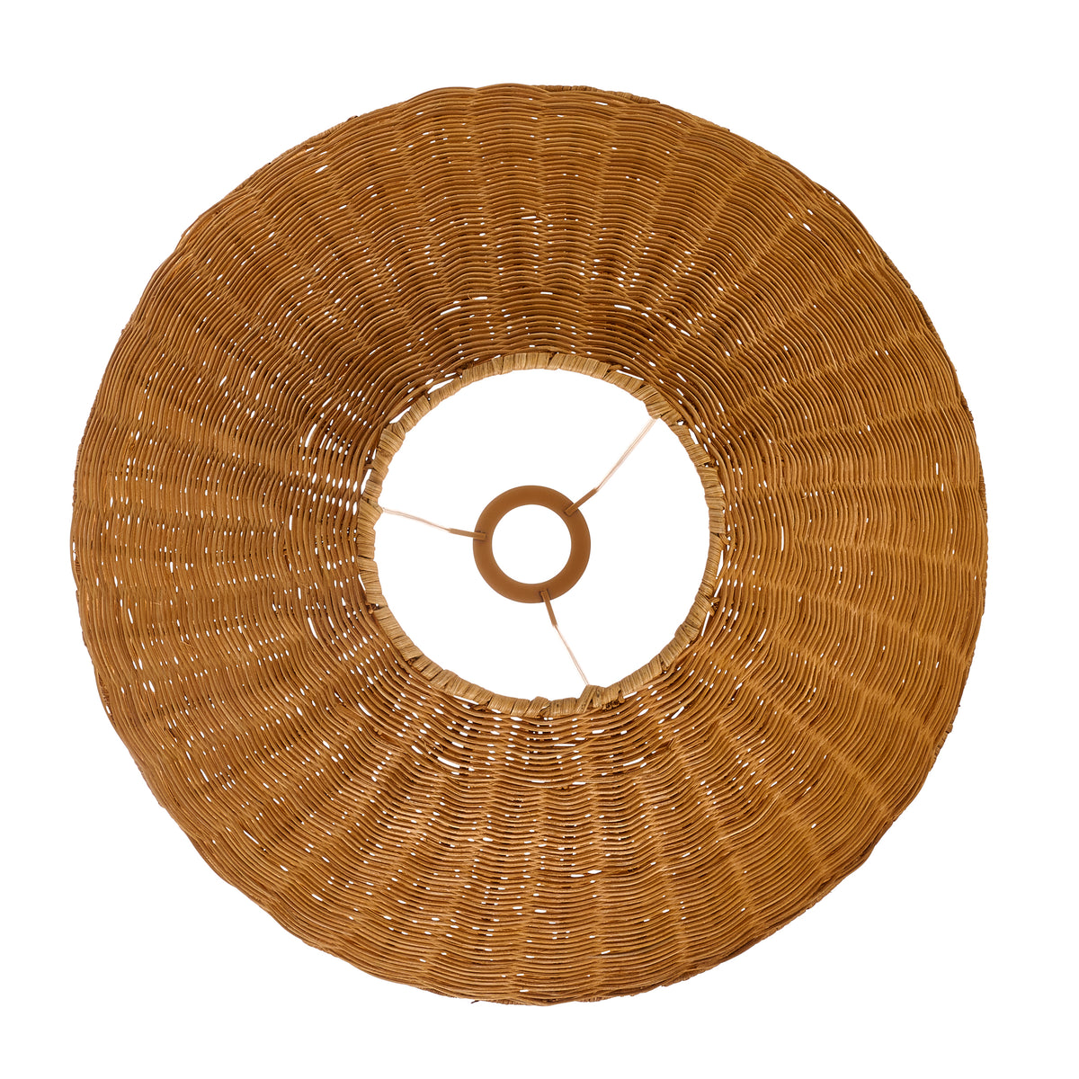 Overhead view of the brown rattan shade with central gimbal ring and woven weave