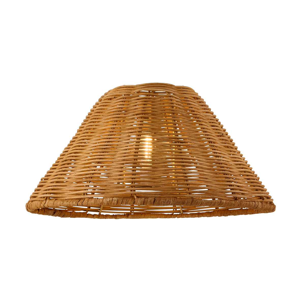 Tapered dark rattan shade lit from within, showing the bulb glow through the cane weave