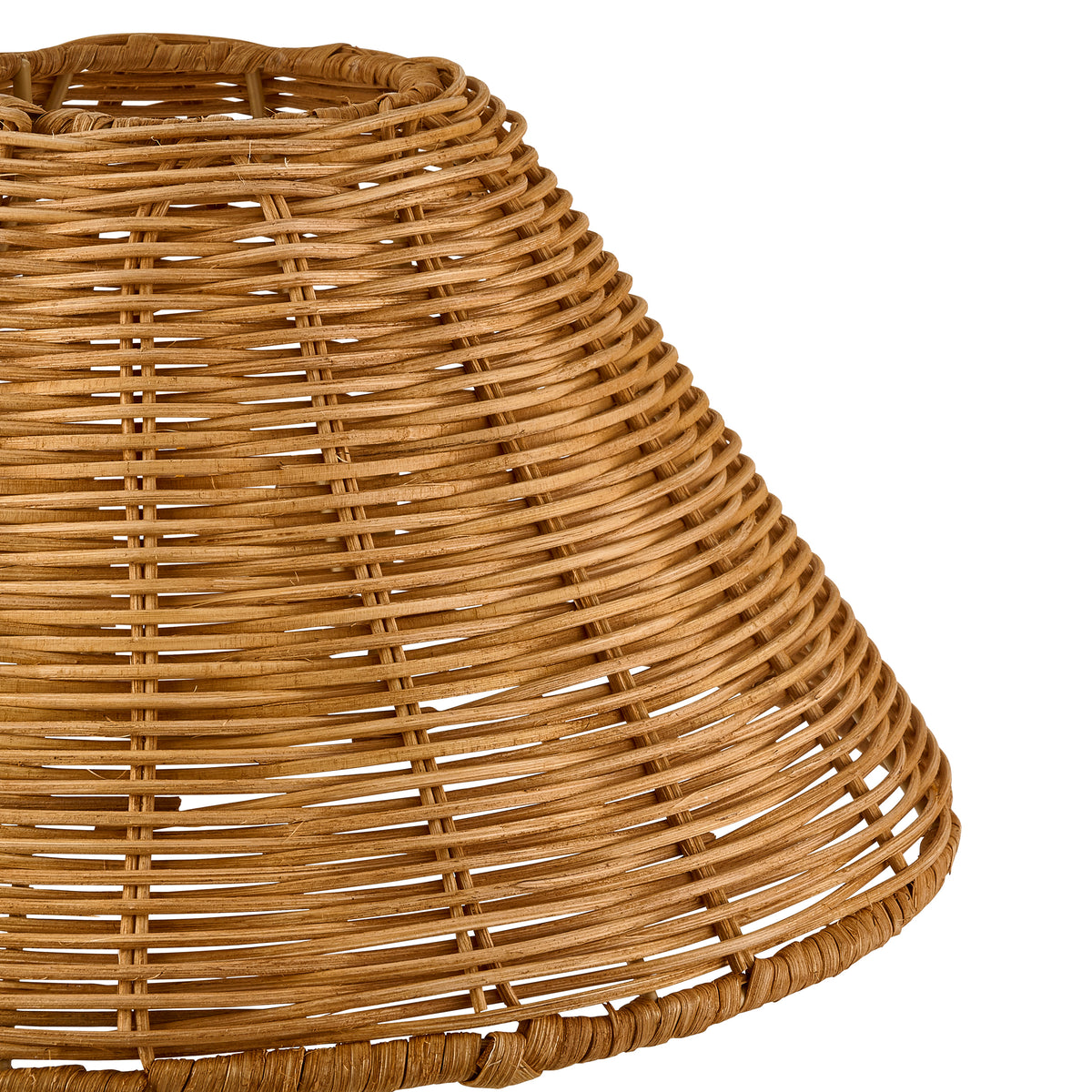 Detail of the dark rattan tapered shade's woven cane and bound lower rim