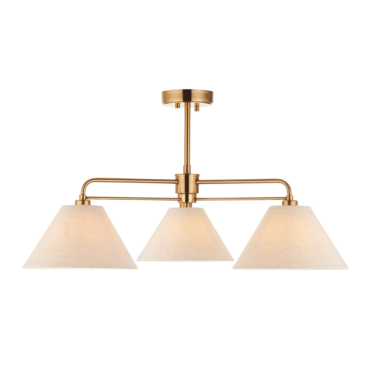 Wallbridge semi flush ceiling light with aged brass arms and three tapered oatmeal linen shades